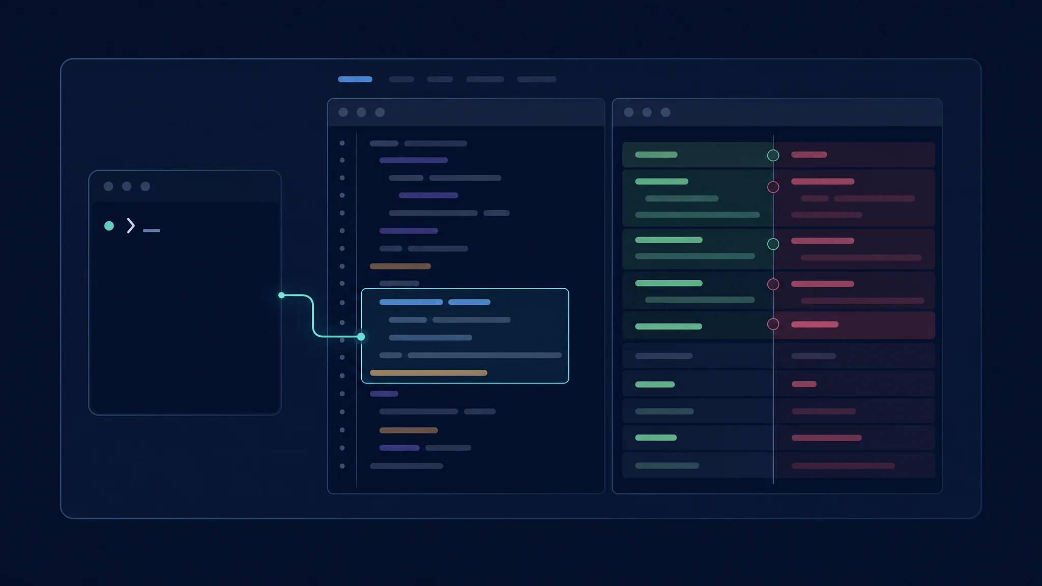 ਇੱਕ repository workspace ਵਿੱਚ editor selection ਅਤੇ side-by-side code diff ਨਾਲ ਜੁੜਿਆ terminal prompt
