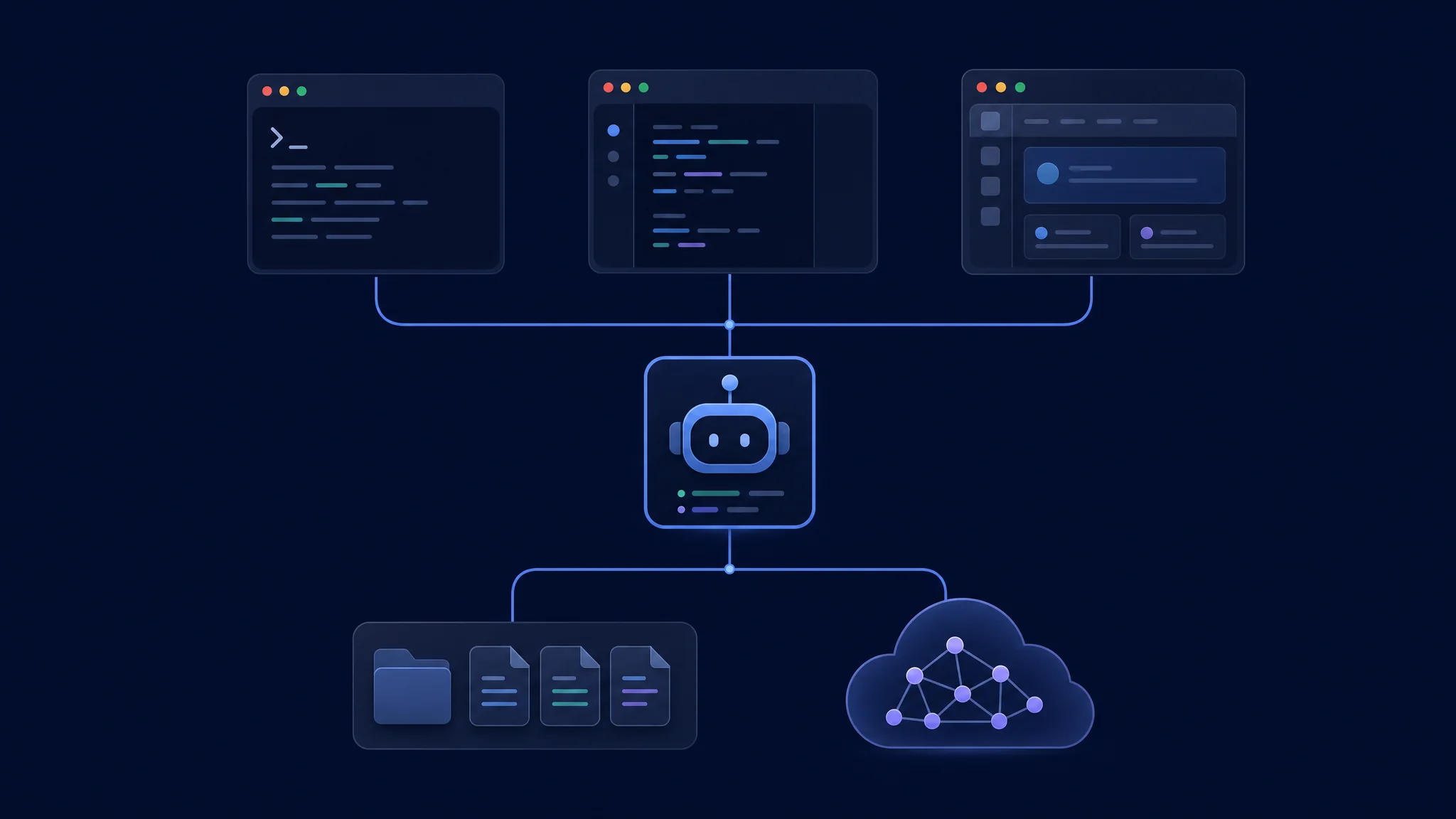 Agent server, repository files ਅਤੇ ਵੱਖਰੀ inference service ਨਾਲ ਜੁੜੇ terminal ਅਤੇ desktop clients