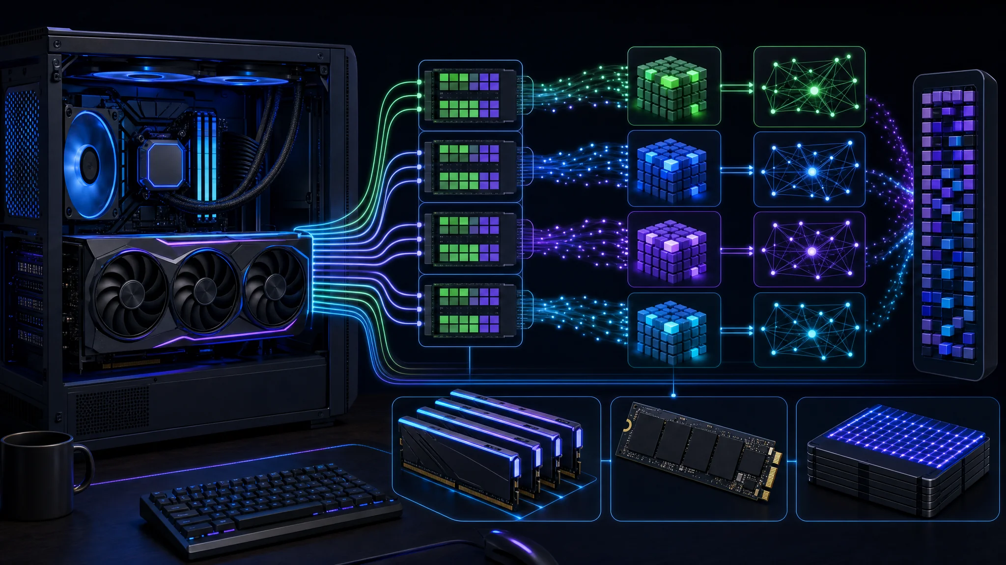 ਸਥਾਨਕ workstation ਵੱਲੋਂ model execution ਨੂੰ graphics card, system memory ਅਤੇ solid-state storage ਵਿੱਚ ਵੰਡਣ ਦੀ ਤਸਵੀਰ