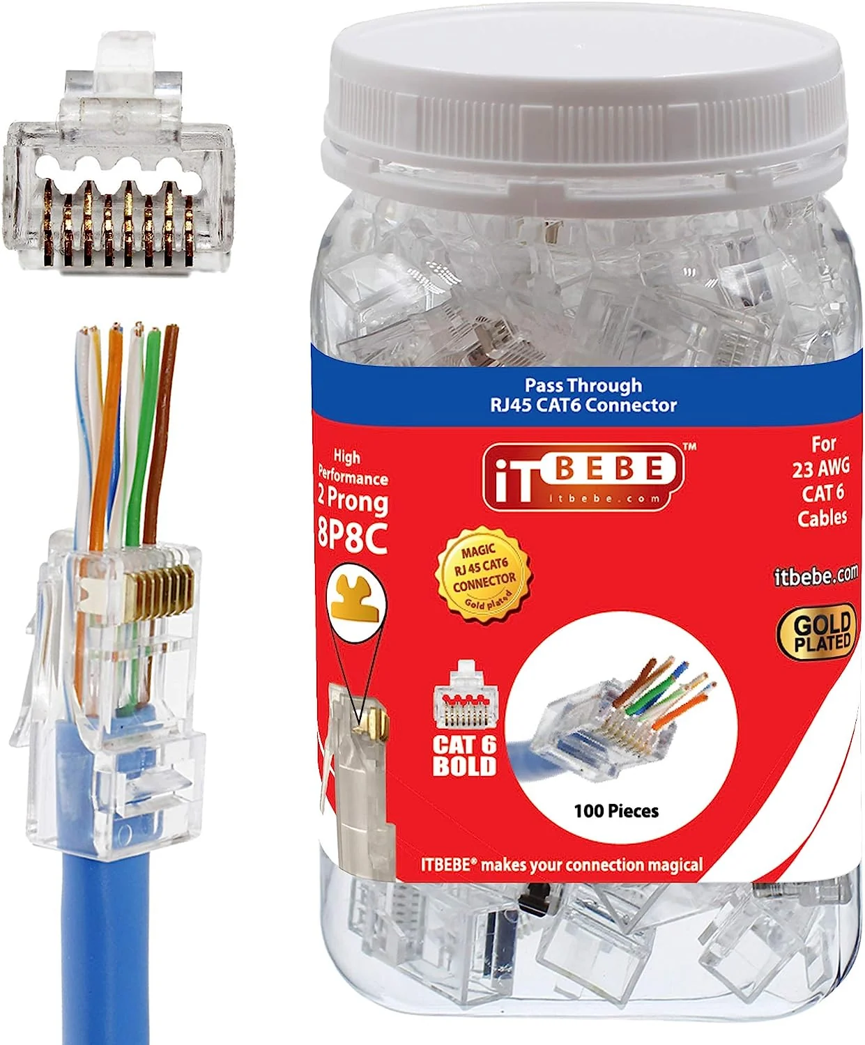 ITBEBE 50 ਟੁਕੜੇ ਸੋਨੇ ਨਾਲ ਪਲੇਟਿਡ ਐਂਡ ਪਾਸ ਥਰੂ RJ45 Cat6