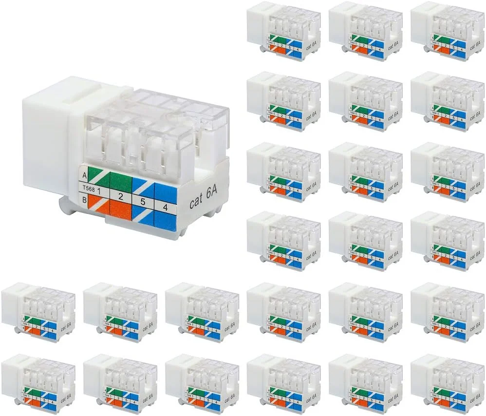 VCE 25-ਪੈਕ Cat6A RJ45 90-ਡਿਗਰੀ ਕੀਸਟੋਨ ਜੈਕ ਇੰਸਰਟ