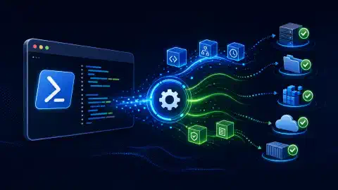 ਇੱਕ ਚਿੱਤਰ ਜਿਸ ਵਿੱਚ ਇੱਕ ਸਟਾਈਲਾਈਜ਼ਡ PowerShell ਟਰਮੀਨਲ ਹੈ ਜਿਸਦੇ ਆਲੇ-ਦੁਆਲੇ ਅਬਸਟ੍ਰੈਕਟ ਚਿੰਨ੍ਹਾਂ ਹਨ, ਜੋ ਸੰਰਚਨਾ ਪ੍ਰਬੰਧਨ ਅਤੇ ਆਟੋਮੇਸ਼ਨ ਦਾ ਪ੍ਰਤੀਕ ਹਨ, ਅਤੇ ਇਹ ਗਹਿਰੇ ਨੈਵੀ ਪਿਛੋਕੜ ਦੇ ਖਿਲਾਫ ਸੈਟ ਕੀਤਾ ਗਿਆ ਹੈ।