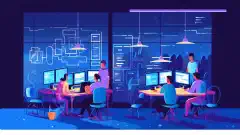 ਇੱਕ ਕਾਰਟੂਨ ਚਿੱਤਰਕਲਾ ਜੋ ਵਿਕਾਸਕਾਰਾਂ ਨੂੰ Visual Studio Code ਅਤੇ Visual Studio Community ਵਰਤਦੇ ਹੋਏ ਦਿਖਾਉਂਦੀ ਹੈ, ਜੋ ਕੋਡ ਵਿਕਾਸ 'ਤੇ ਸਹਿਯੋਗ ਨਾਲ ਕੰਮ ਕਰ ਰਹੇ ਹਨ।