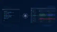 ਟਰਮੀਨਲ ਅਤੇ desktop coding workspace ਤੁਰਕੋਇਜ਼ ਅਤੇ ਨੀਲੇ accents ਵਾਲੇ repository ਚਿੰਨ੍ਹ ਨਾਲ ਜੁੜੇ ਹਨ