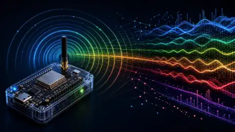 ਇੱਕ ਚਿੱਤਰ ਜਿਸ ਵਿੱਚ ਇੱਕ ESP32-ਆਧਾਰਿਤ ਡਿਵਾਈਸ ਫੋਰਗ੍ਰਾਊਂਡ ਵਿੱਚ ਦਿਖਾਈ ਦਿੰਦੀ ਹੈ, WiFi ਸਿਗਨਲ ਸਕੈਨ ਕਰ ਰਹੀ ਹੈ। ਰੰਗੀਨ ਲਹਿਰਾਂ ਵੱਖ-ਵੱਖ ਸਿਗਨਲ ਤਾਕਤਾਂ ਨੂੰ ਦਰਸਾਉਂਦੀਆਂ ਹਨ, ਇੱਕ ਹਨੇਰੀ ਪਿੱਠਭੂਮੀ ਦੇ ਵਿਰੁੱਧ।