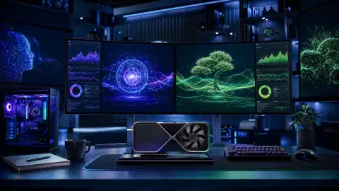 ਇੱਕ workstation ਜਿਸ ਵਿੱਚ ਲੋਕਲ AI ਮਾਡਲ ਚੋਣਾਂ, GPU ਮੈਮੋਰੀ ਵਰਤੋਂ ਅਤੇ coding agent ਕਾਂਟੈਕਸਟ ਵਿੰਡੋ ਦਿਖਾਈ ਗਈ ਹੈ