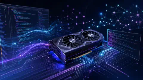 ਸਥਾਨਕ AI ਕੋਡਿੰਗ ਵਾਤਾਵਰਣ ਦੀ ਤਸਵੀਰ, ਜਿਸ ਵਿੱਚ NVIDIA RTX 4060 Ti GPU ਹਨੇਰੇ ਪਿਛੋਕੜ ਉੱਤੇ ਚਮਕਦਾਰ data streams ਅਤੇ code snippets ਨਾਲ ਘਿਰਿਆ ਹੋਇਆ ਹੈ।