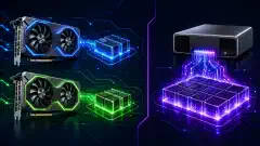 ਇੱਕ ਚਿੱਤਰ ਜਿਸ ਵਿੱਚ ਖੱਬੇ ਪਾਸੇ ਦੋ NVIDIA RTX 5060 Ti ਗ੍ਰਾਫਿਕਸ ਕਾਰਡ ਅਤੇ ਸੱਜੇ ਪਾਸੇ NVIDIA GB10 ਸਿਸਟਮ ਹਨ, ਦੋਵੇਂ ਗੂੜ੍ਹੇ ਪਿਛੋਕੜ ਉੱਤੇ ਚਮਕਦਾਰ ਰੰਗਾਂ ਨਾਲ ਉਜਾਗਰ ਹਨ।