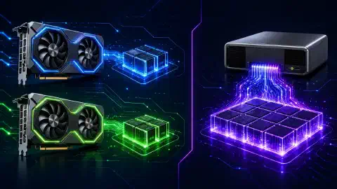 ਇੱਕ ਚਿੱਤਰ ਜਿਸ ਵਿੱਚ ਖੱਬੇ ਪਾਸੇ ਦੋ NVIDIA RTX 5060 Ti ਗ੍ਰਾਫਿਕਸ ਕਾਰਡ ਅਤੇ ਸੱਜੇ ਪਾਸੇ NVIDIA GB10 ਸਿਸਟਮ ਹਨ, ਦੋਵੇਂ ਗੂੜ੍ਹੇ ਪਿਛੋਕੜ ਉੱਤੇ ਚਮਕਦਾਰ ਰੰਗਾਂ ਨਾਲ ਉਜਾਗਰ ਹਨ।